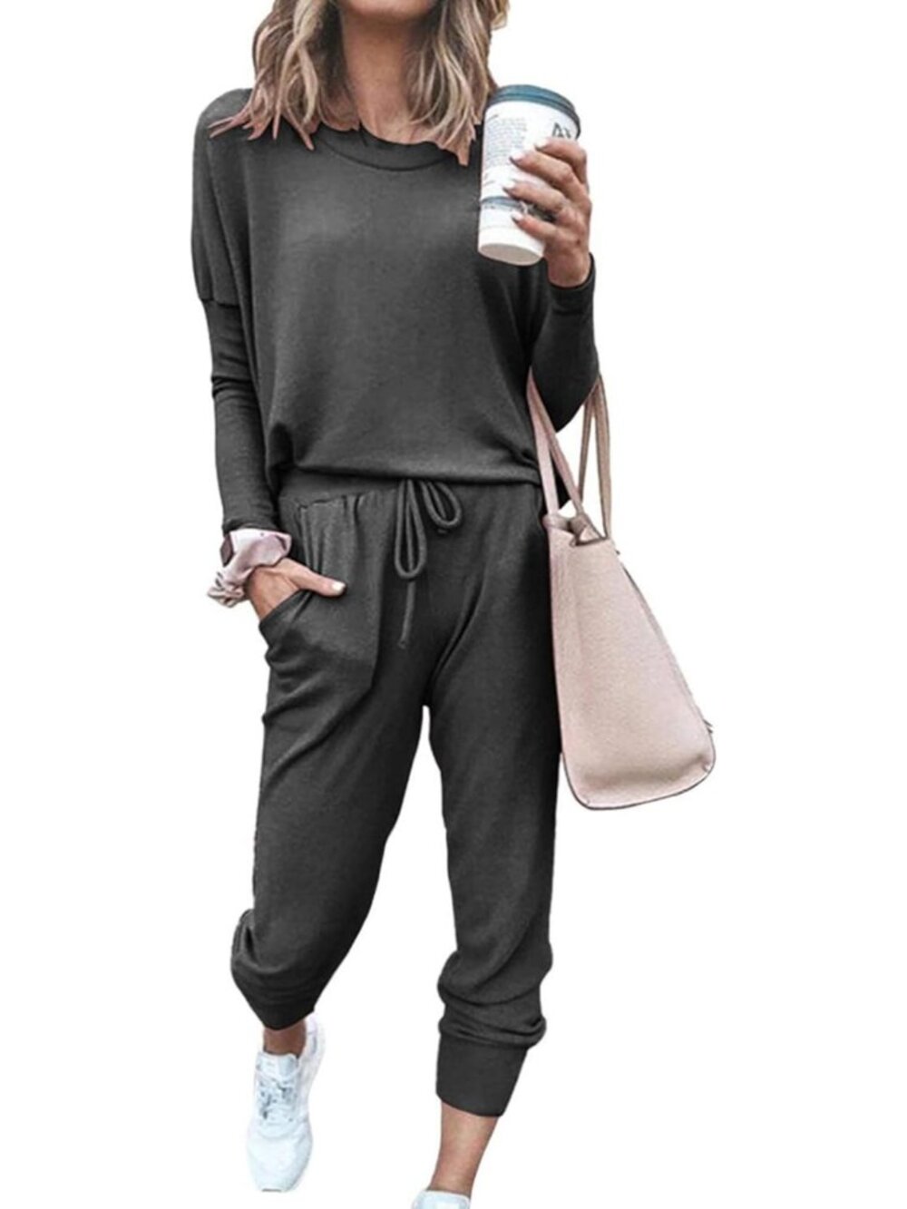Women's 2 Piece Sets Dark Grey Sweatsuits Casual Long Sleeve Sweatpants Fall